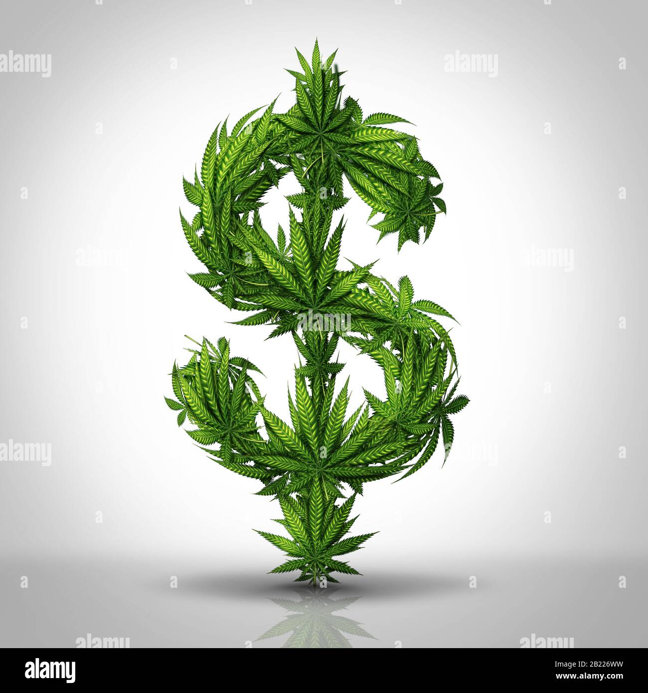 Cannabis business and marijuana industry concept as leaves shaped as a dollar sign in a 3D illustration style. Stock Photo