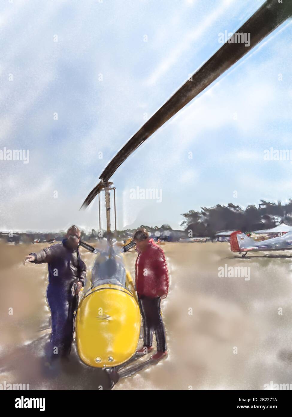 watercolor illustration: gyrocopter before take-off with the next passenger. Stock Photo