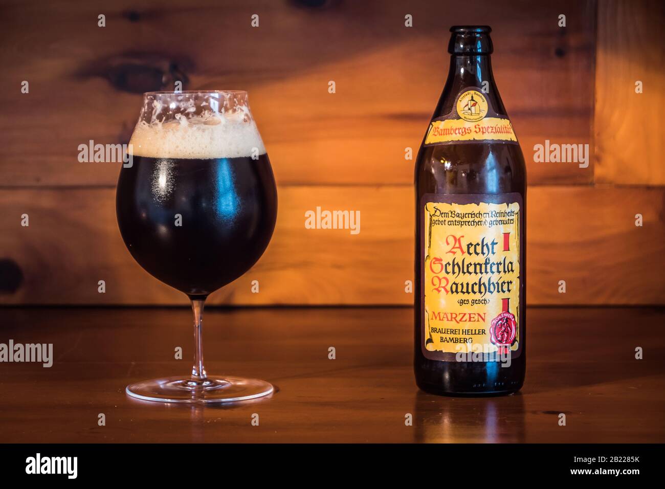 Bamberg, Germany February 23 2020 Dark Bamberg Smoked Beer from the