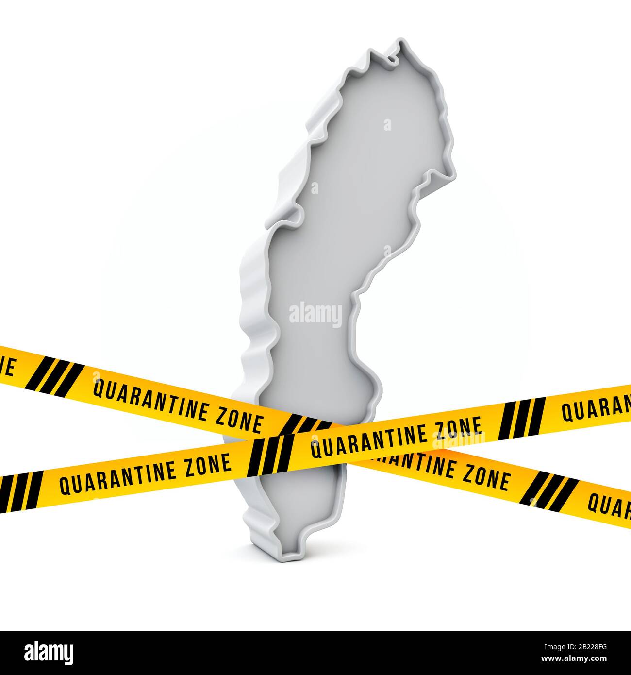 Sweden map with yellow quarantine warning security tape. 3D Render