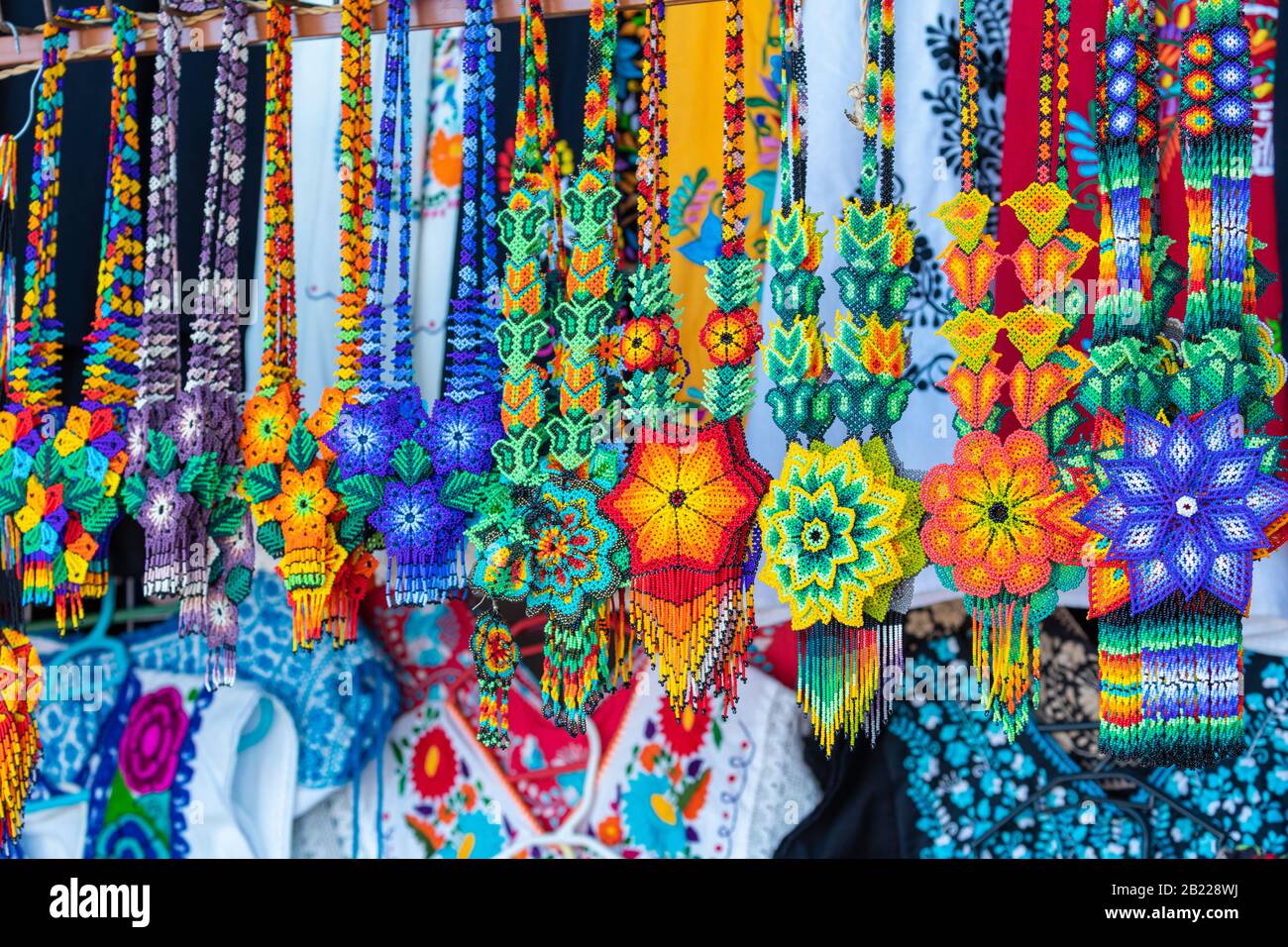 Colorful Mexican souvenirs for sale at local market, Latin America. Mexico. Stock Photo