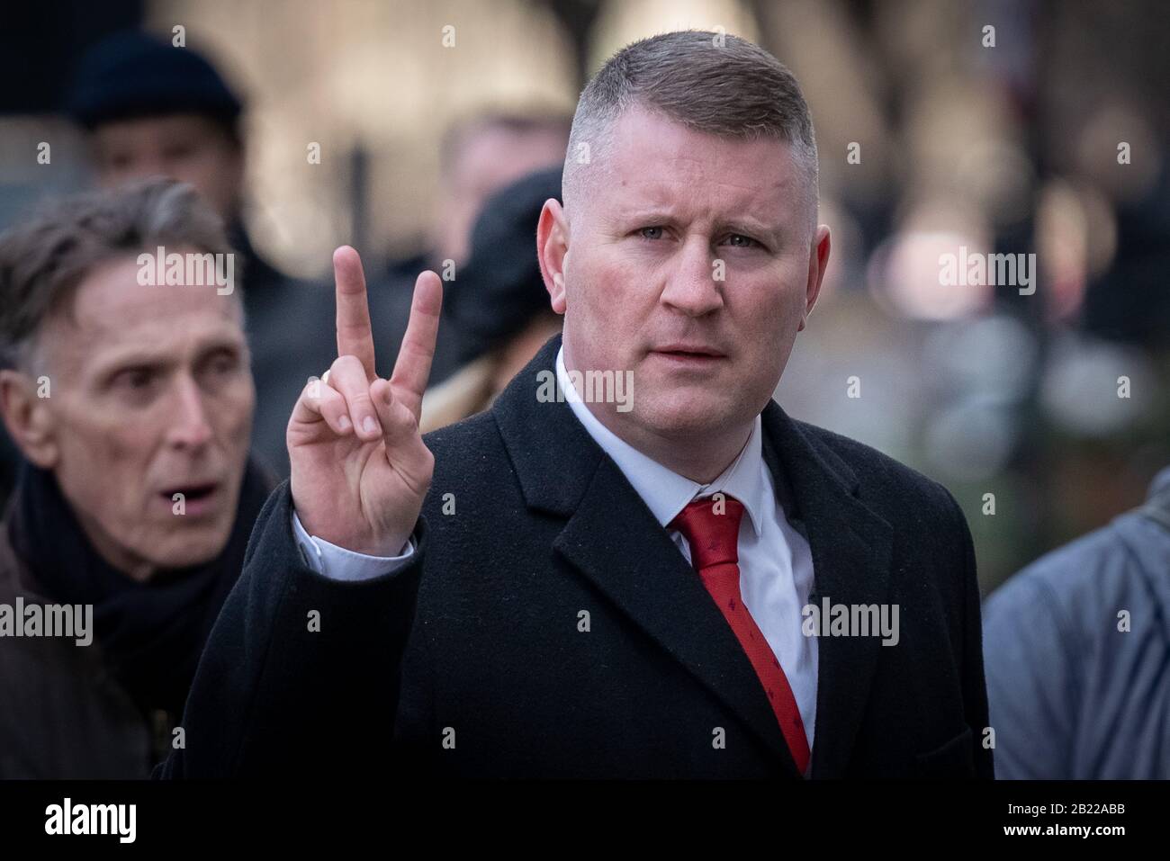 Britain First leader Paul Golding arrives at Westminster Magistrates’ Court charged with Section 7 offence under the Terrorism Act. London, UK. Stock Photo