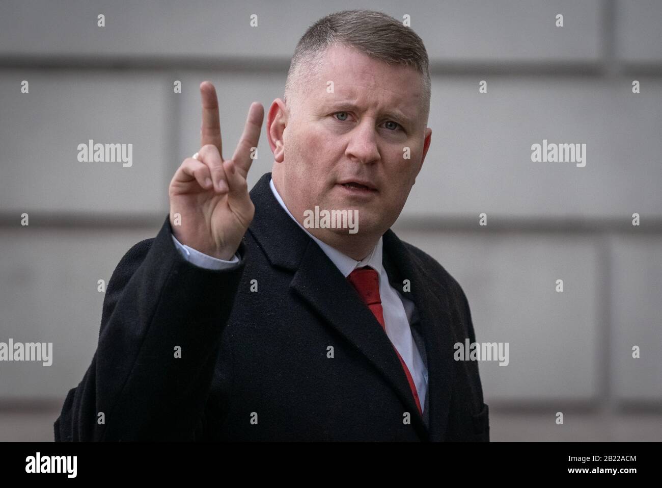 Britain First leader Paul Golding arrives at Westminster Magistrates’ Court charged with Section 7 offence under the Terrorism Act. London, UK. Stock Photo