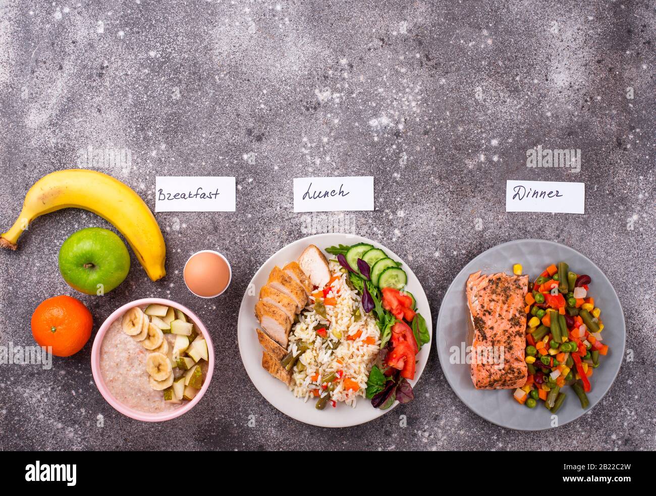 Breakfast, lunch and dinner. Day menu Stock Photo - Alamy