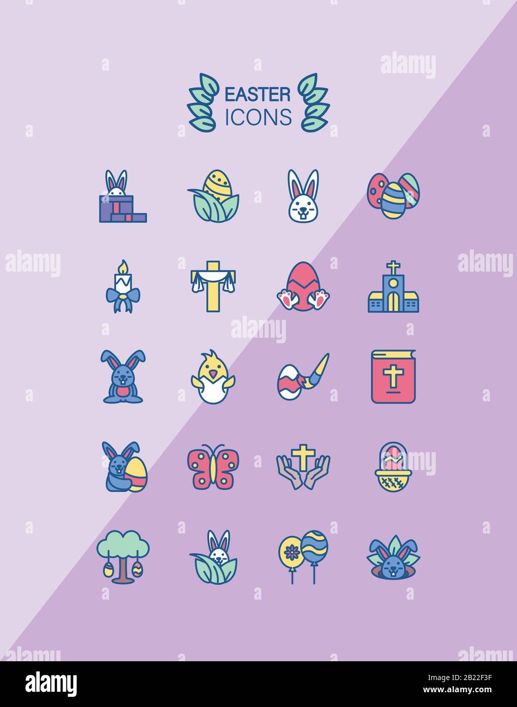 cute happy easter icons set over purple background, colorful design
