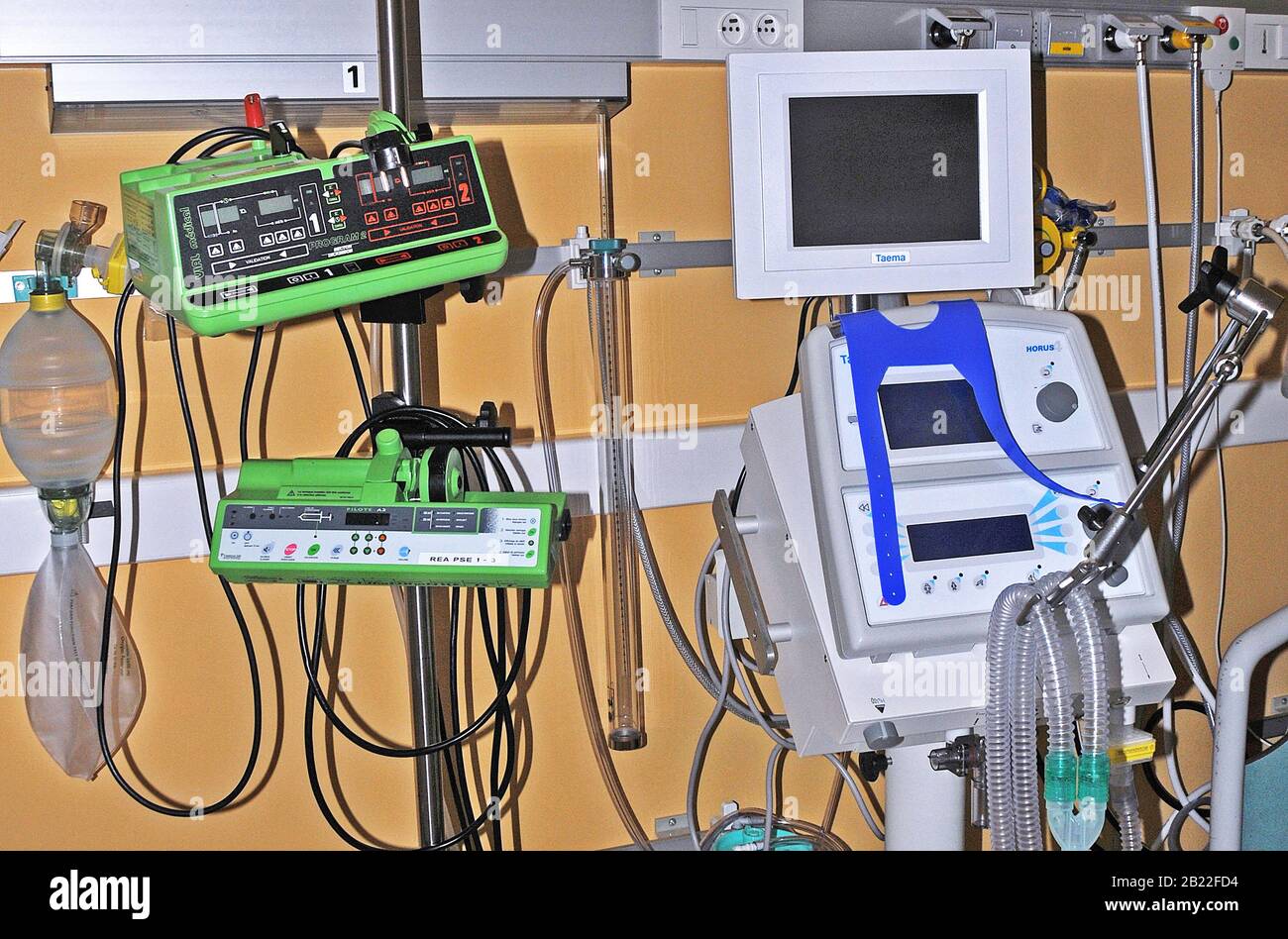 medecine material in hospital room intensive care unit, Thiers, Puy de Dome, France Stock Photo