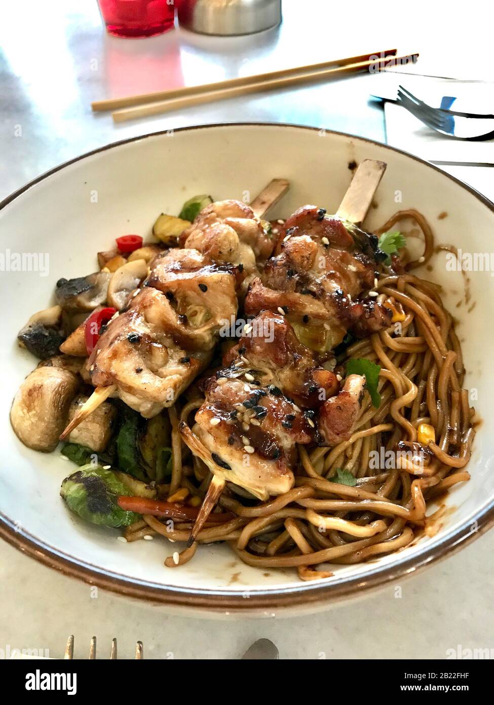 Japanese Food Bowl with Yakitori Chicken, Vegetable Noodles, Brussel