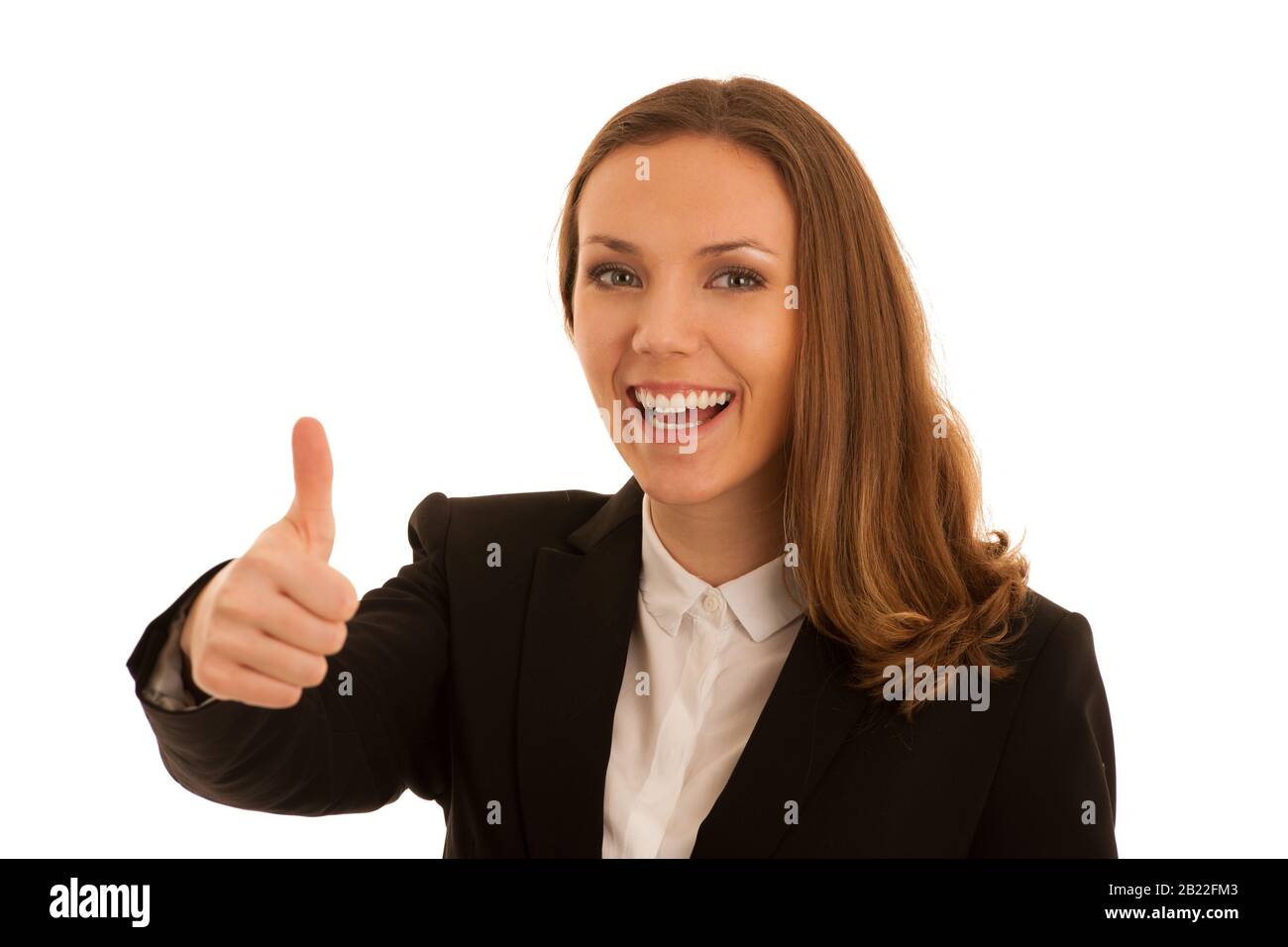 Corporate portrait of young beautiful caucasian business woman showing ...