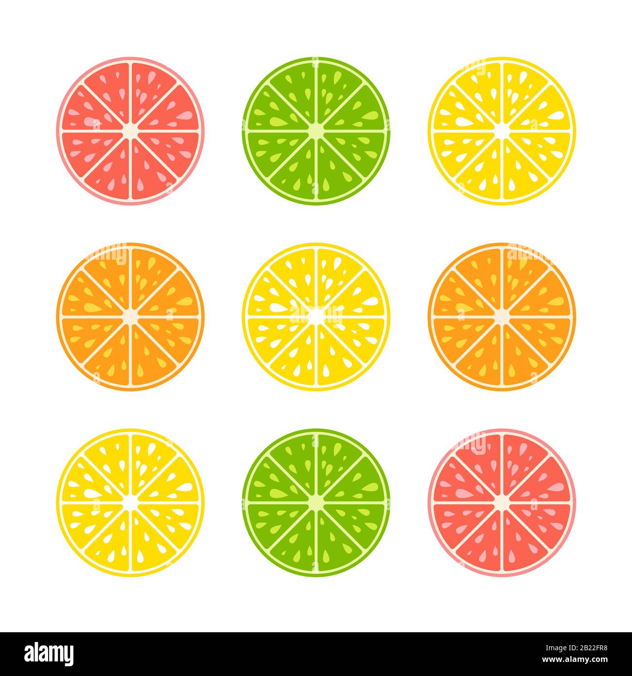 Set of colored isolated halves of mouth-watering fruits on a white background. Juicy, bright, delicious tropical food. Lime, lemon, grapefruit, orange Stock Vector