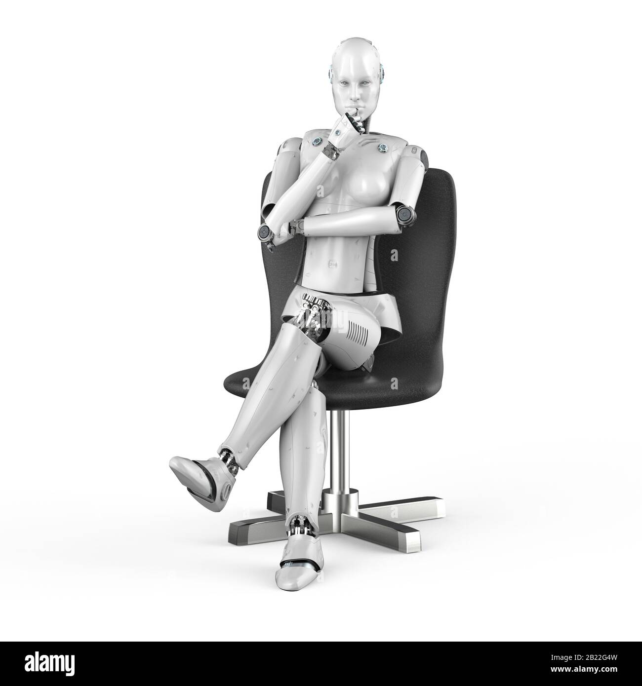 3d rendering female cyborg sit in chair Stock Photo