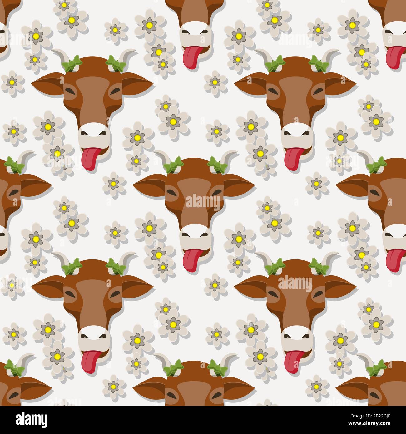 Seamless cow cartoon face flowers pattern on white background. Vector image Stock Vector