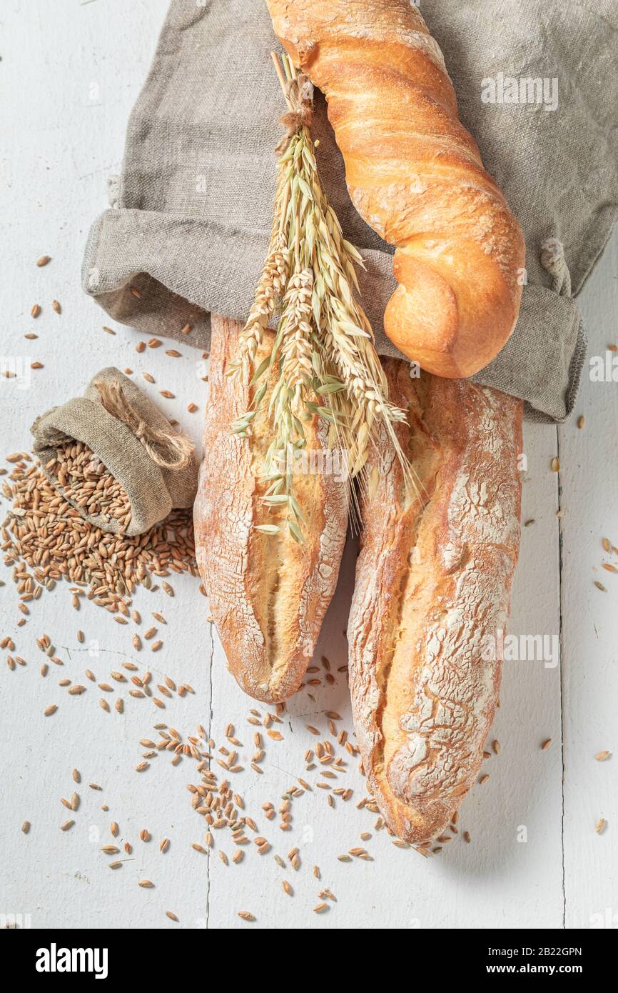 Healthy french baguettes freshly baked in linen bag Stock Photo Alamy