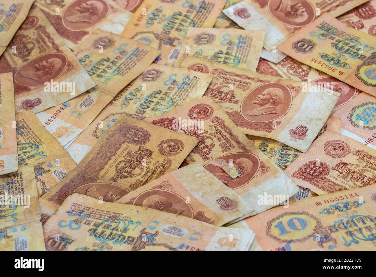 Background of ten ruble denominations of Soviet money of the 1961 sample, shot in close-up. Stock Photo