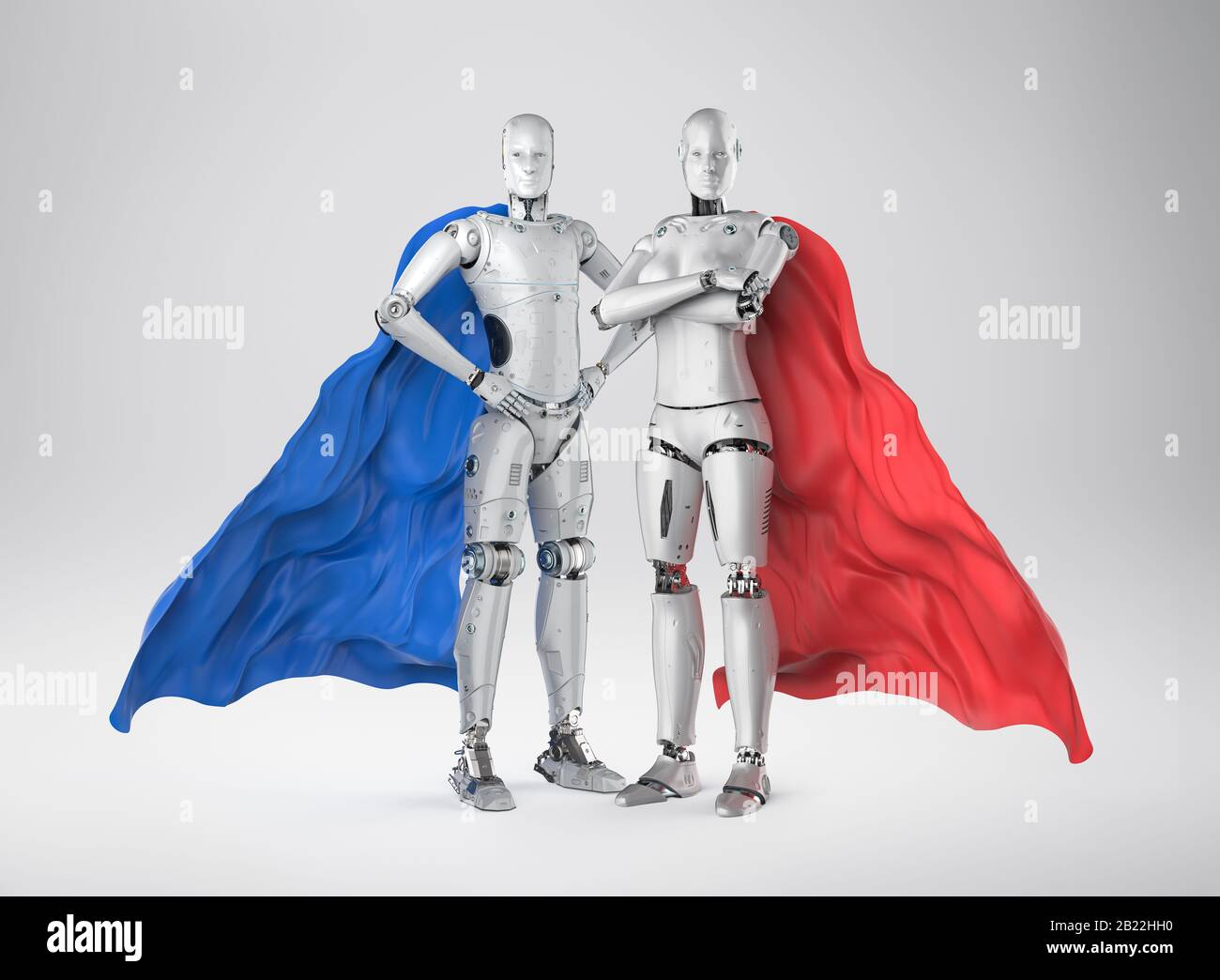 3d rendering superhero cyborgs with red and blue cloaks Stock Photo