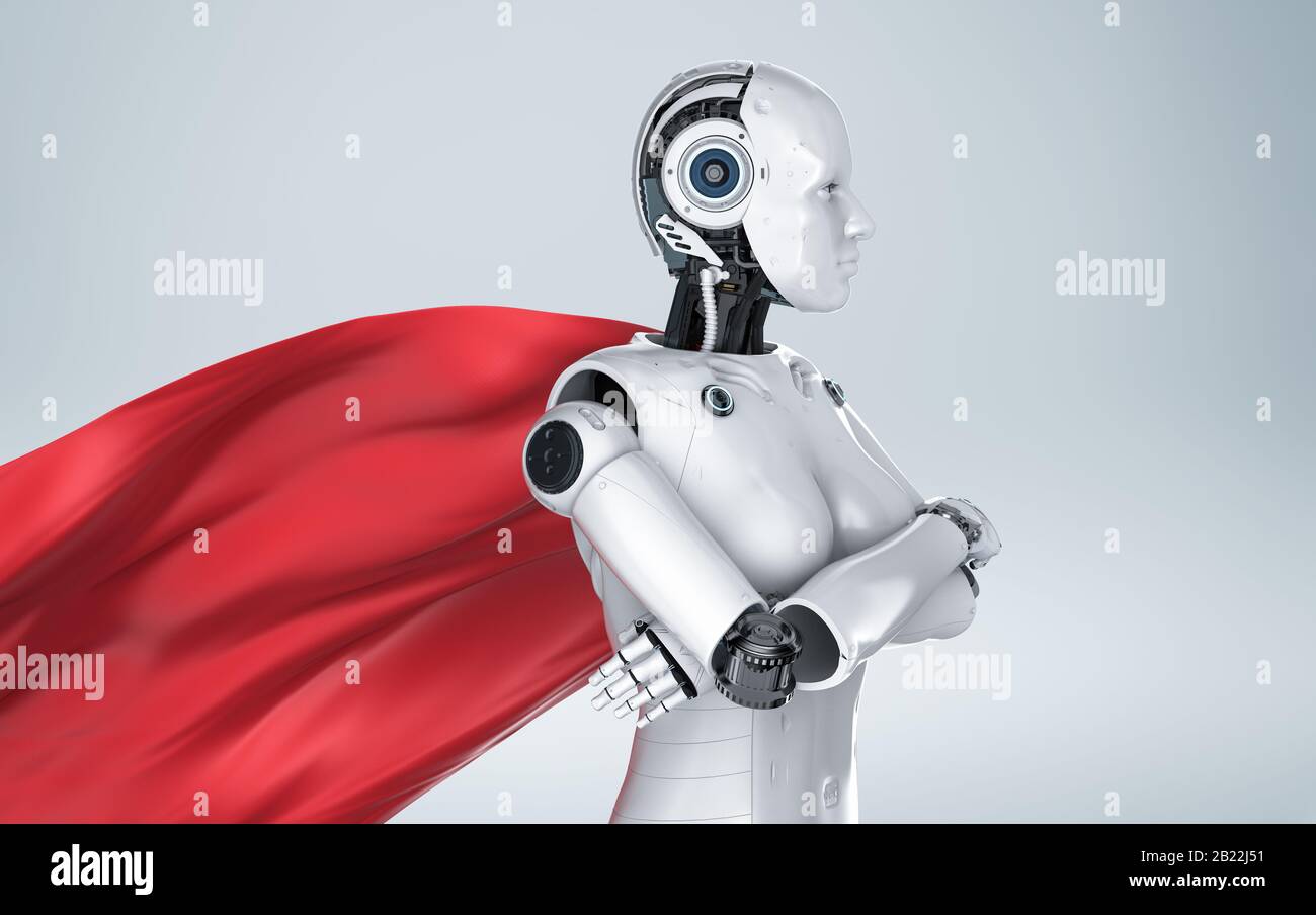 3d rendering superhero cyborg or heroine robot with red cloak Stock Photo
