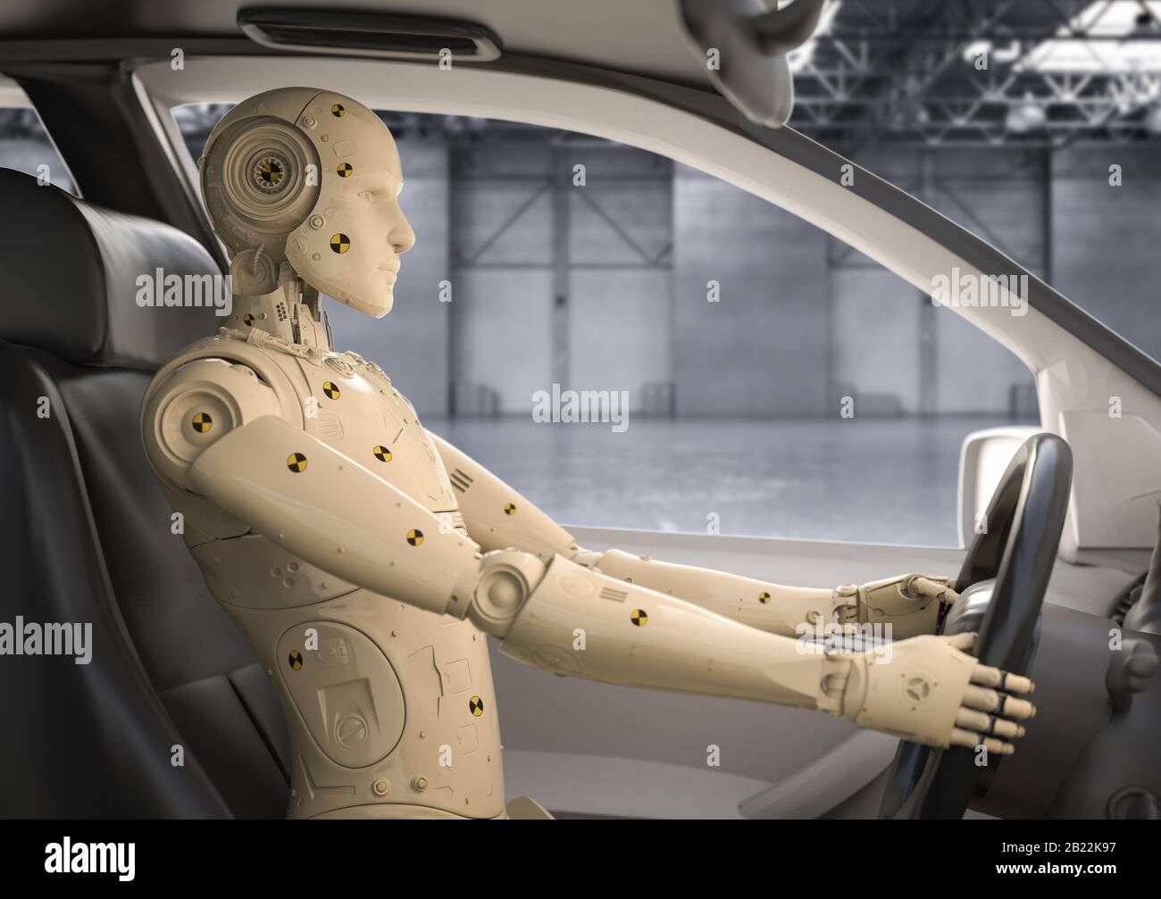 Crash test with 3d rendering dummy in car Stock Photo