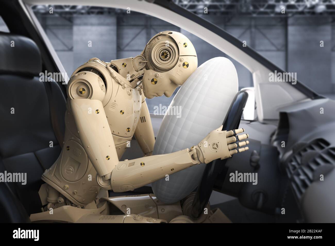 Crash test with 3d rendering dummy hit with air bag Stock Photo