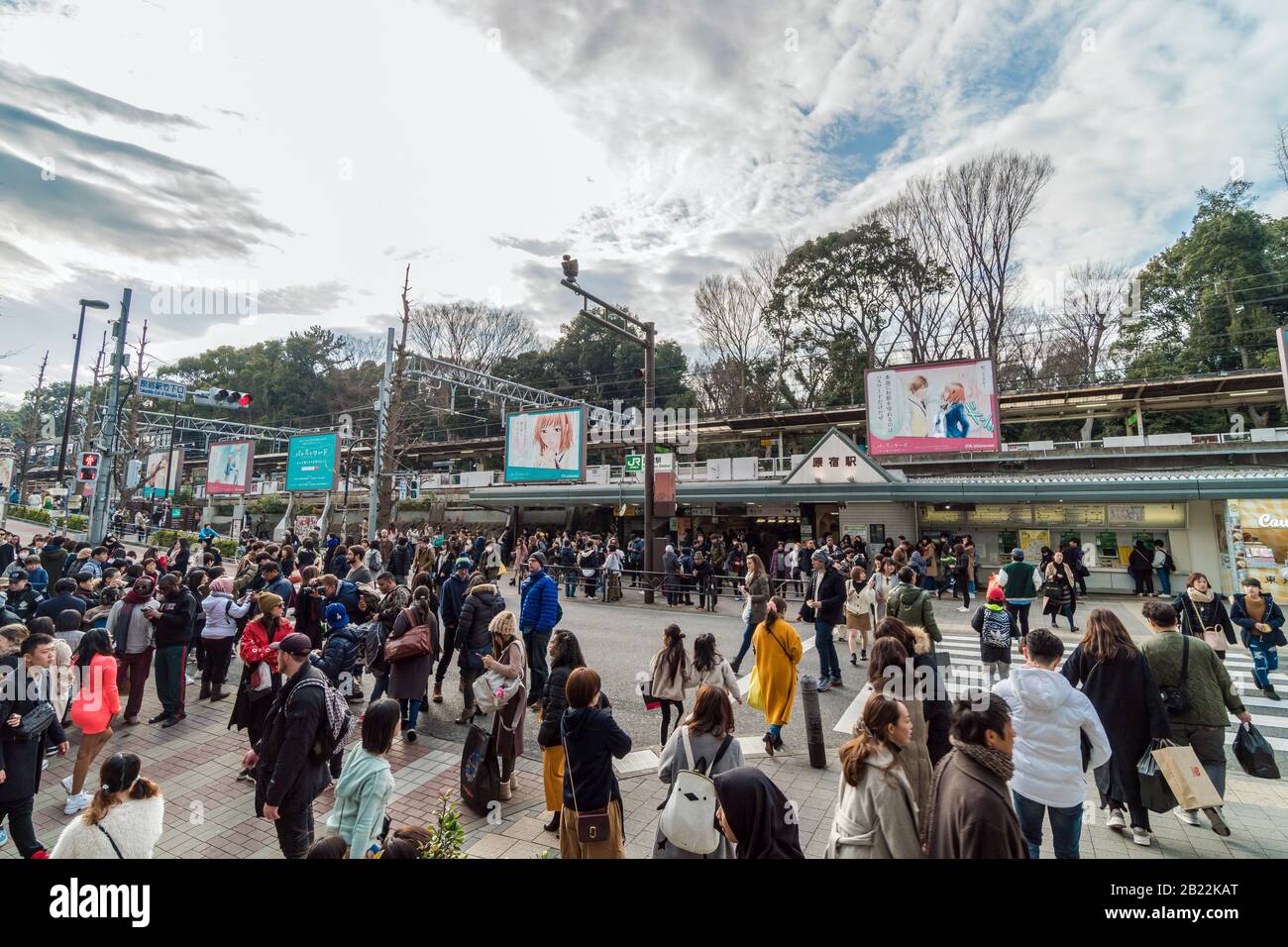 TOKYO, JAPAN - FEB 2019 : Undefined people and tourist crowd visiting and enjoying the trendiest fashion at Takeshita street at Harajuku station on Fe Stock Photo