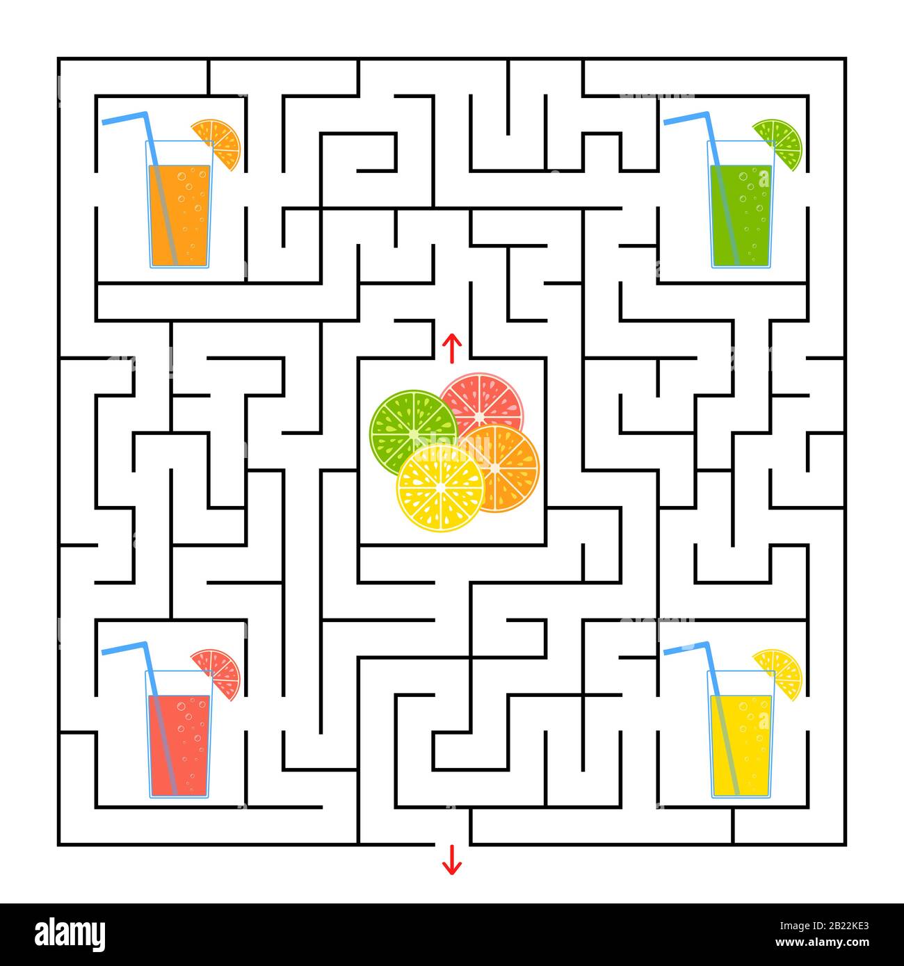 A square labyrinth. Collect all the glasses with juice and find a way out of the maze. Simple flat isolated vector illustration Stock Vector