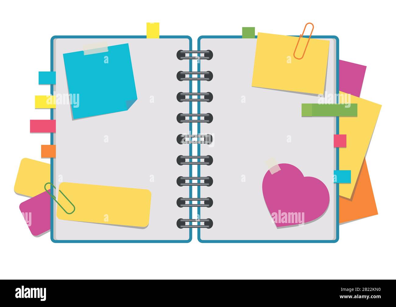 Open notepad with clean sheets on a spiral with bookmarks between the pages. Colorful flat ...