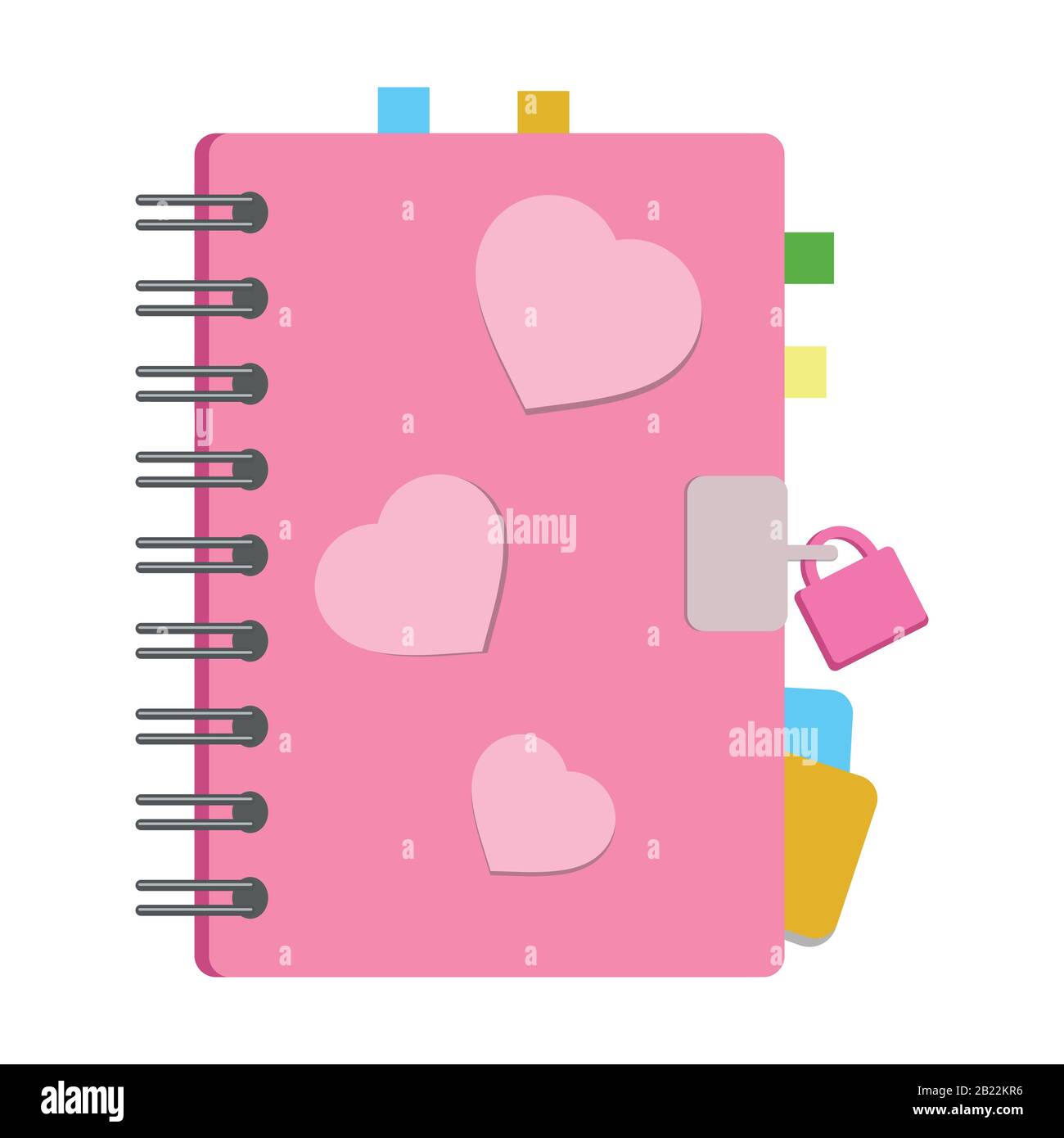 Closed notebook, personal diary on a spiral with bookmarks and paper for  notes between pages. With a bright cover. With a small lock. Colorful flat  ve Stock Vector Image & Art -