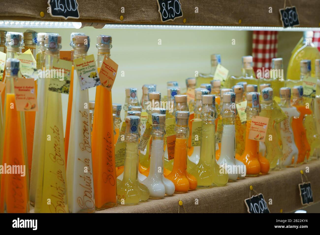 Bottles Limoncello and arancello liquor in the souvenir shop Sorrento