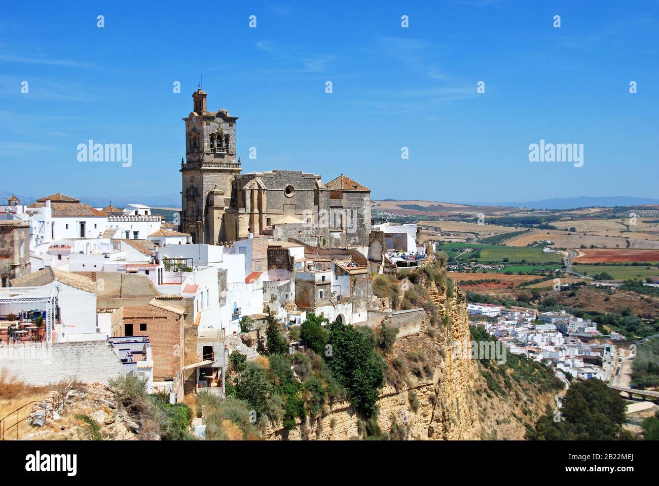 View of St Peters Church and the old town, Arcos de la Frontera, Andalucia, Spain. Stock Photo