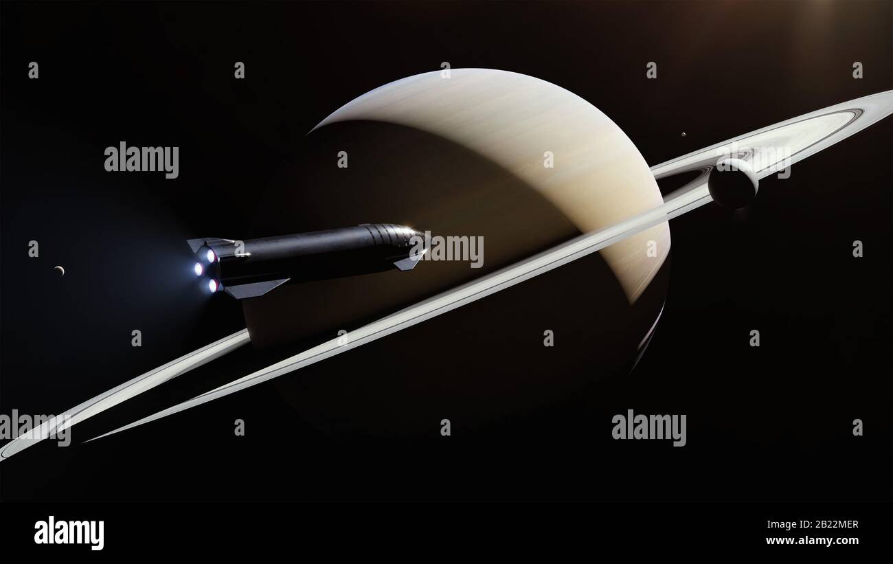 MARS - 24 Oct 2019 - Artist's impression of a SpaceX Starship approaching the planet Saturn. The SpaceX Starship has a payload fairing of 9 metres in Stock Photo