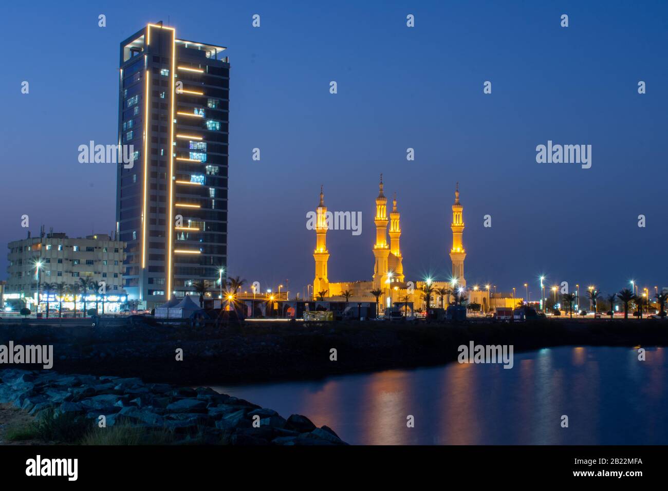 Night shot in Ras al Khaimah, United Arab Emirates looking at the ...