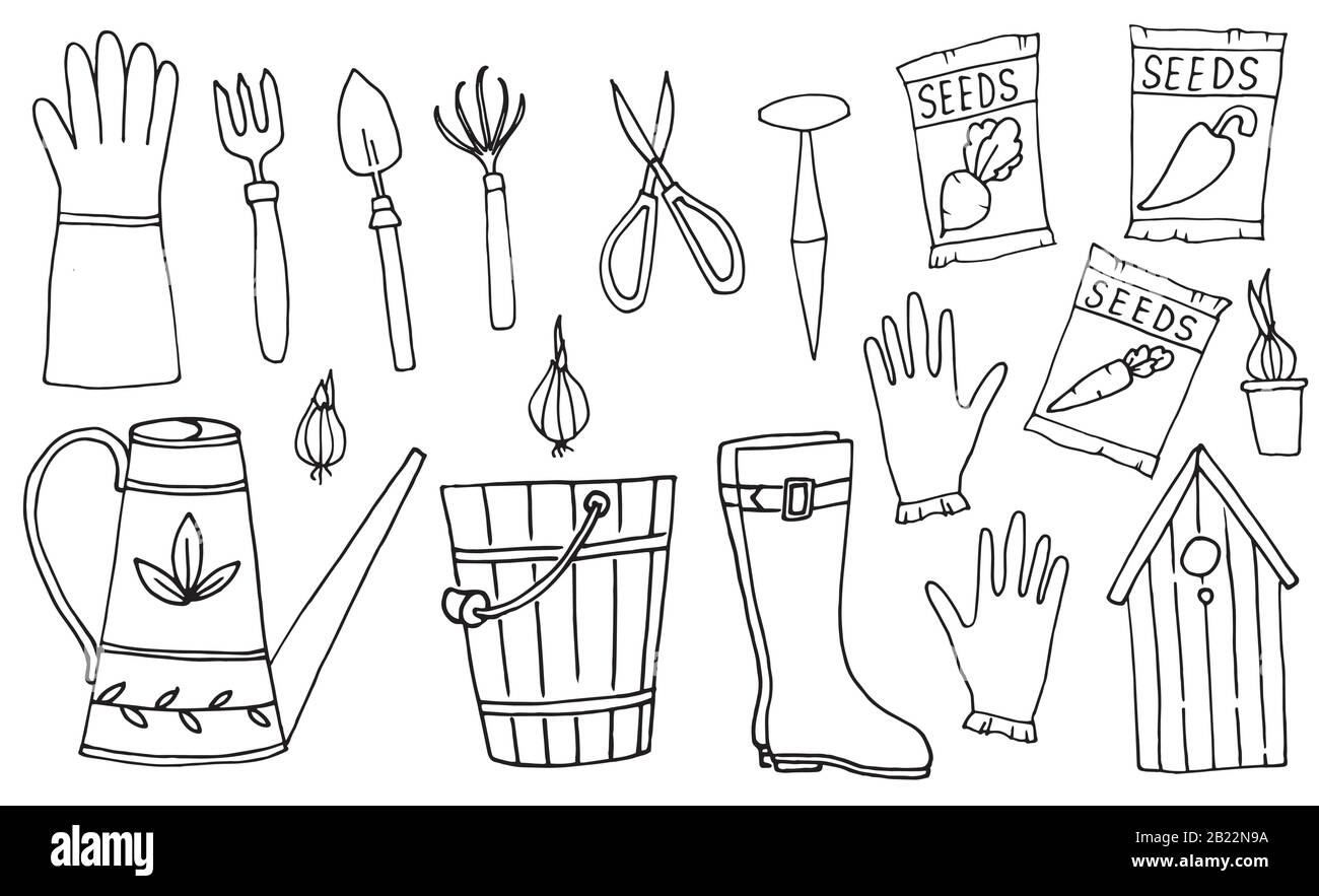 Garden tools, Line Art Design, Icons Big Set. Vector Set of illustrations. Spring Season Items. Stock Vector