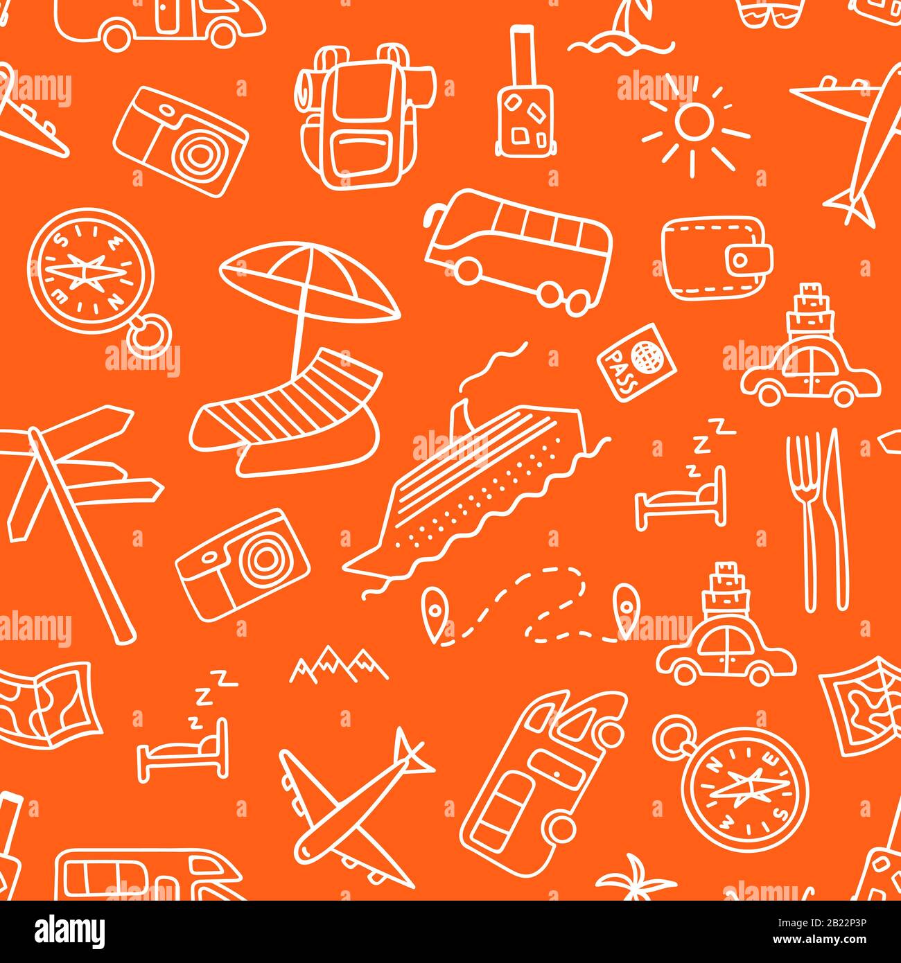 Seamless pattern with hand drawn travel icons. Orange vacation ...