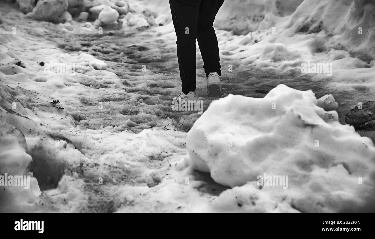 Snow covered ice ground in winter, risk and nature Stock Photo Alamy
