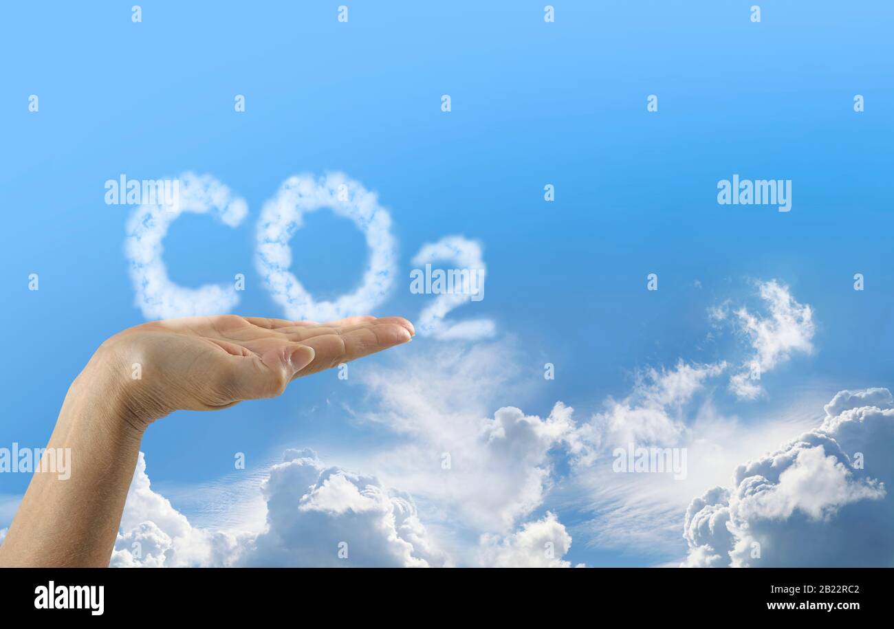 CO2 emissions are in YOUR HANDS - open flat female hand with clouds saying CO2 above against a blue sky background with fluffy clouds at the bottom Stock Photo