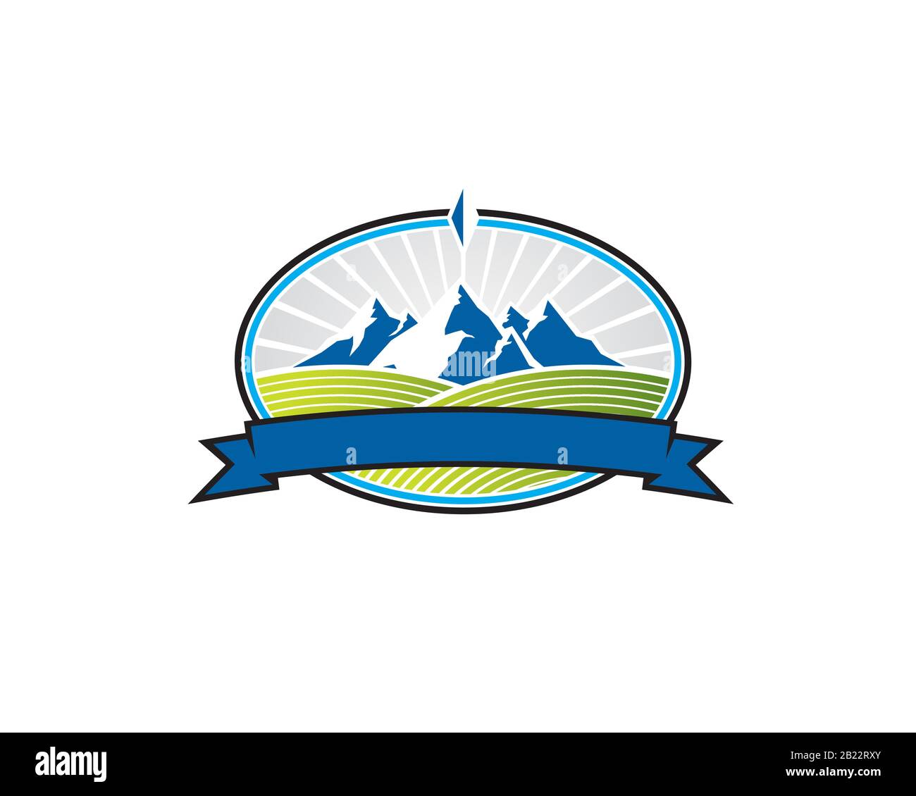 emblem coat of arm illustration logo of an icy snowy blue mountain uppon green hill valey crops ground inside elipse with ribbon Stock Vector