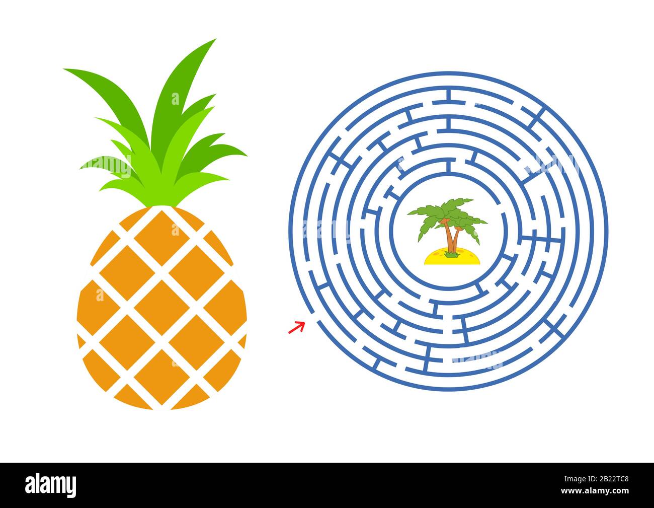 Round maze with a cartoon character. Appetizing pineapple. An interesting and developing game for children. Simple flat isolated vector illustration Stock Vector