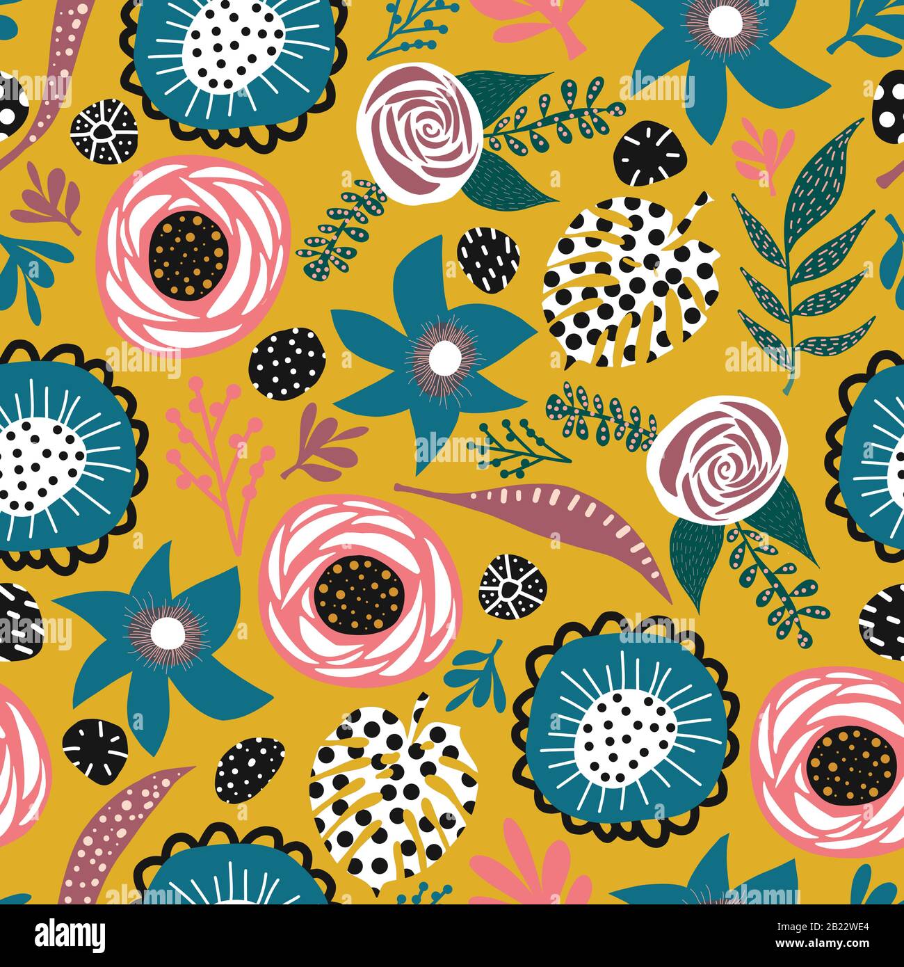 Abstract doodle flowers and leaves seamless vector pattern blue pink ...