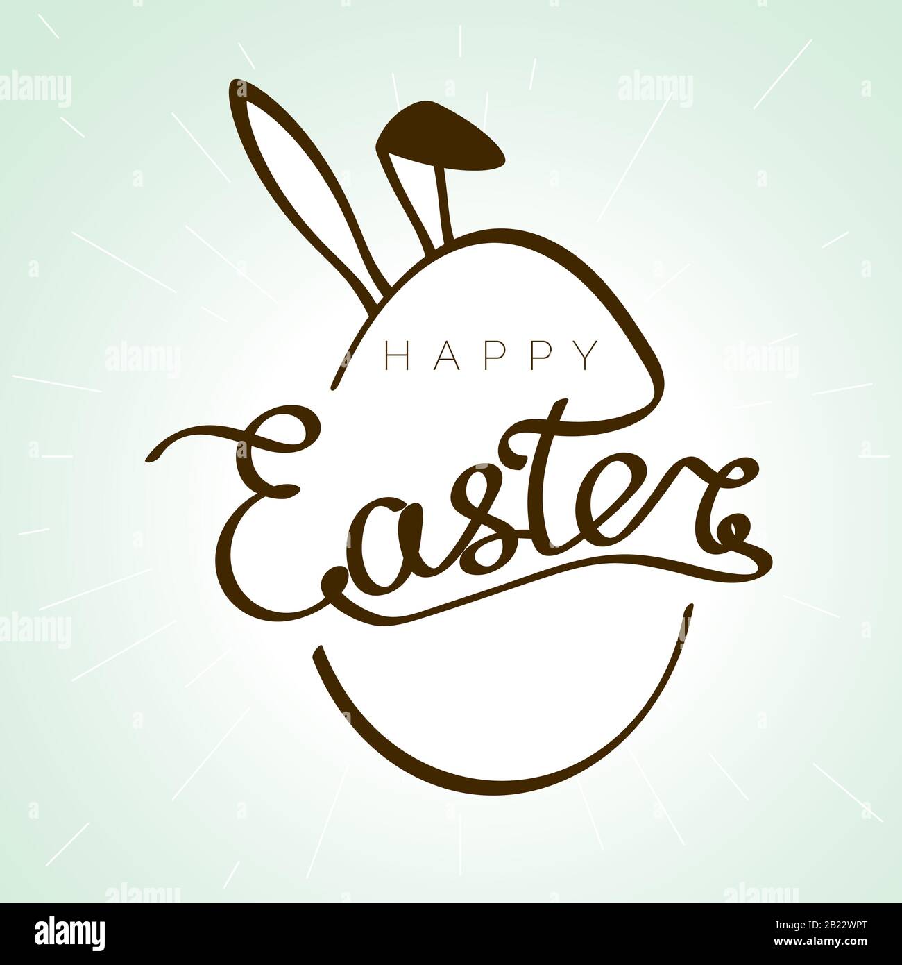 Hand drawn inscription Happy Easter with bunny ears silhouette behind egg. Christian biggest holiday banner in retro style. Vector Stock Vector