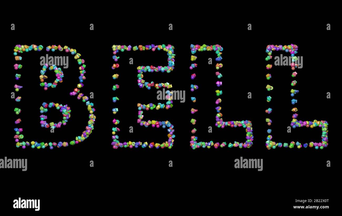 Bell: 3D illustration of the text made of small objects over a black ...