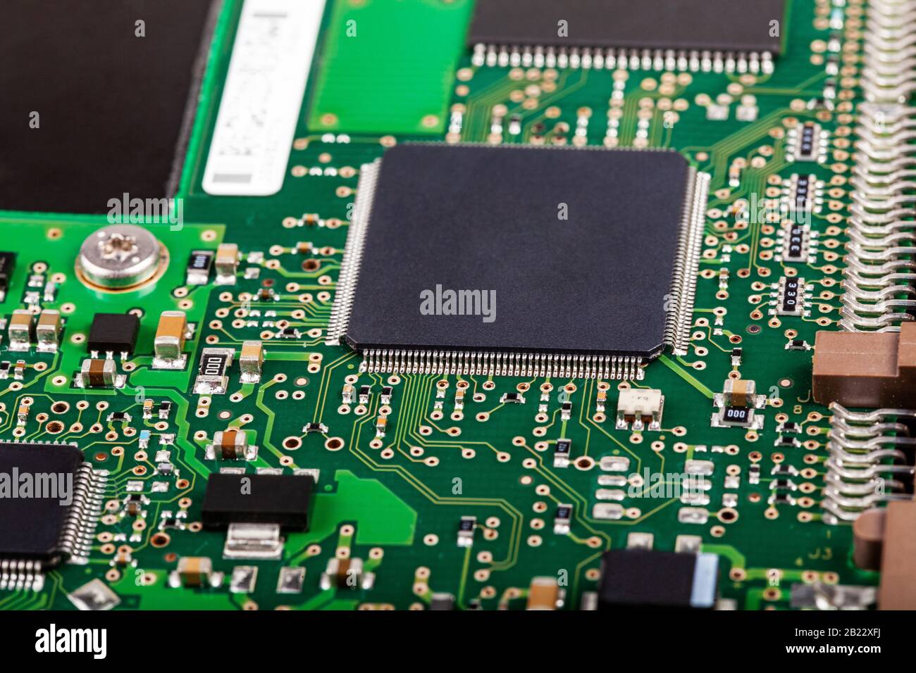 Complex electronics, green circuit board with a microcontroller,  microprocessor control chip in the middle, extreme closeup detail macro,  technology Stock Photo - Alamy