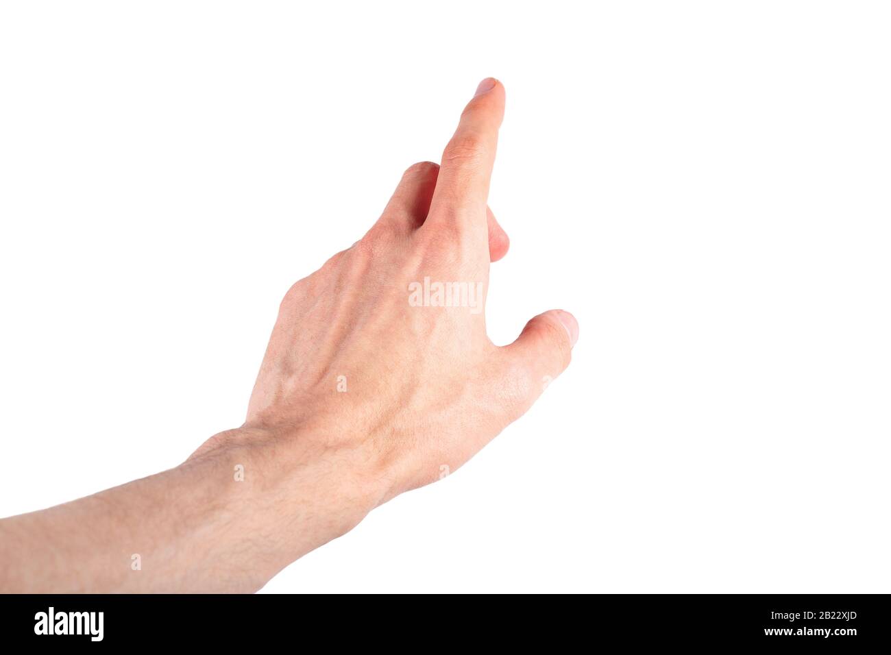 Human finger pointing up, pressing, tapping screen natural gesture isolated on white background, cut out. Interacting with ar media, showing something Stock Photo