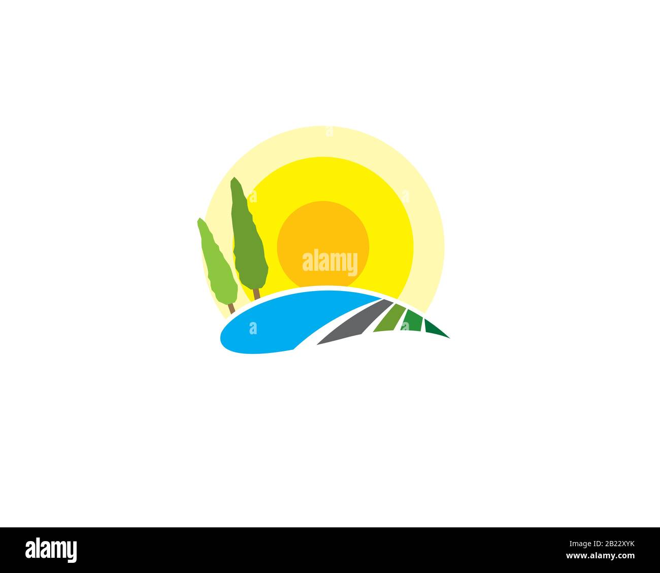 country side mountain landsacape view with meadow land ground pine trees river lake and sunset or sunrise Stock Vector