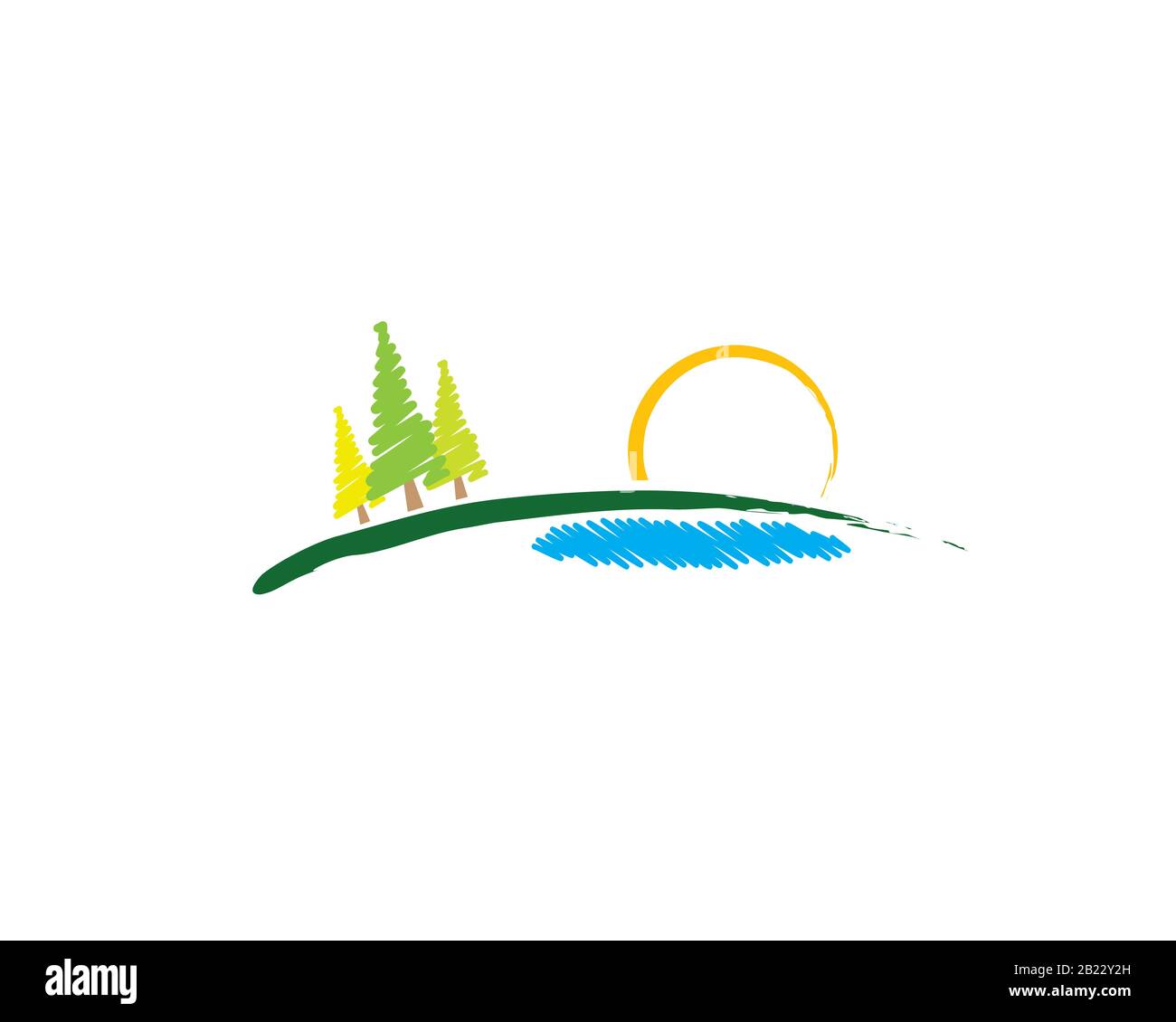 country side mountain landsacape view with meadow land ground pine trees river lake and abstract circle brush Stock Vector
