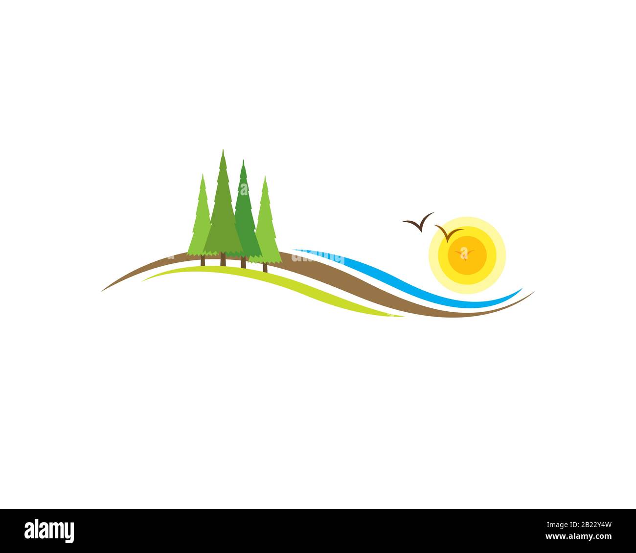 country side mountain landsacape view with meadow land ground pine trees birds flying around and yellow sun Stock Vector