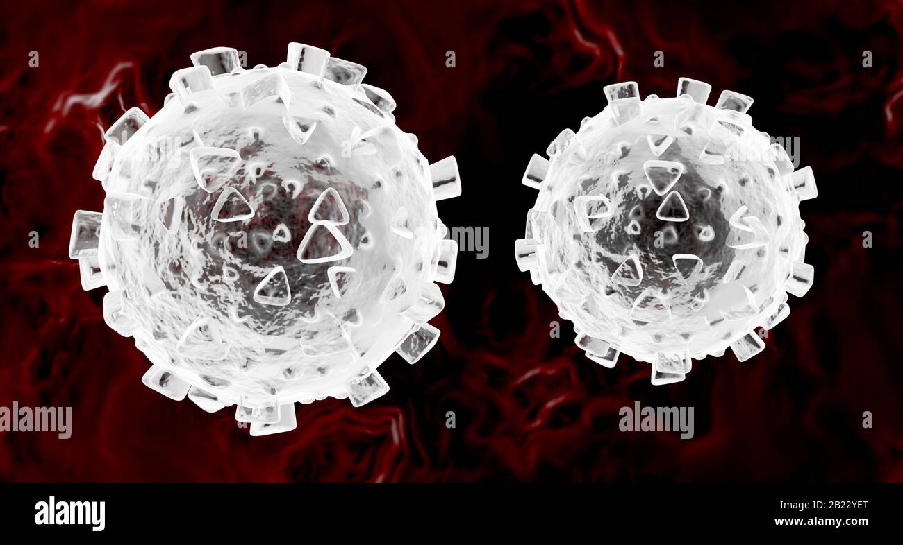 Two corona virus cells simple model in bloodstream isolated, COVID-19 disease, coronavirus outbreak pair of viral cells in bloodstream symbol Stock Photo