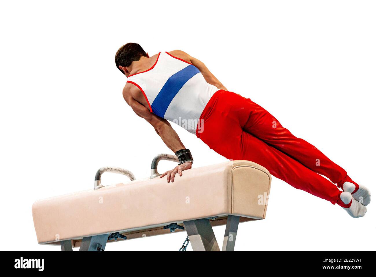 gymnast athlete exercise pommel horse on white background Stock Photo