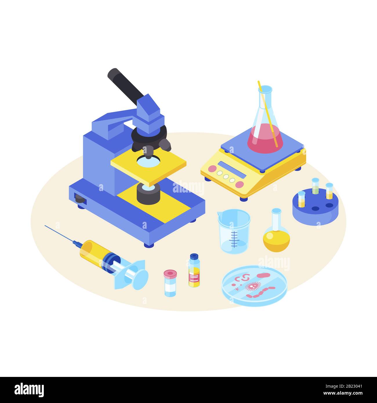 Lab tests isometric color vector illustration. Chemical experiment. Diagnostic, scientific laboratory equipment. Microbiology. Microscope, syringe 3d Stock Vector
