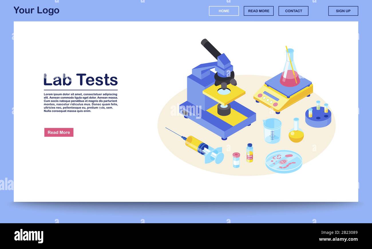 Lab tests webpage vector template with isometric illustration. Medical analysis. Diagnostic laboratory research. Microscope, syringe, beaker. Website Stock Vector