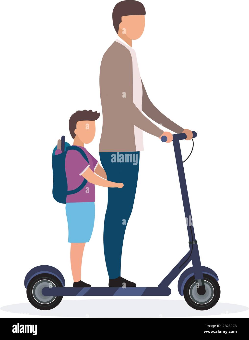 Schoolchildren flat vector illustration. Schoolboy with younger brother riding scooter cartoon characters isolated on white background. Teenage and Stock Vector