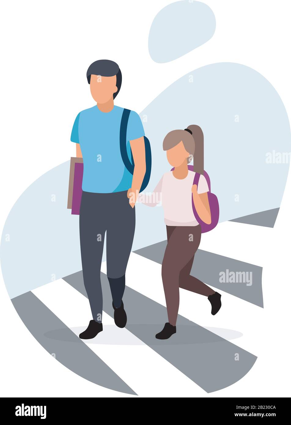 Schoolchildren crossing the road flat vector illustration. Older brother with younger sister holding hands on crosswalk cartoon characters. Preteen Stock Vector