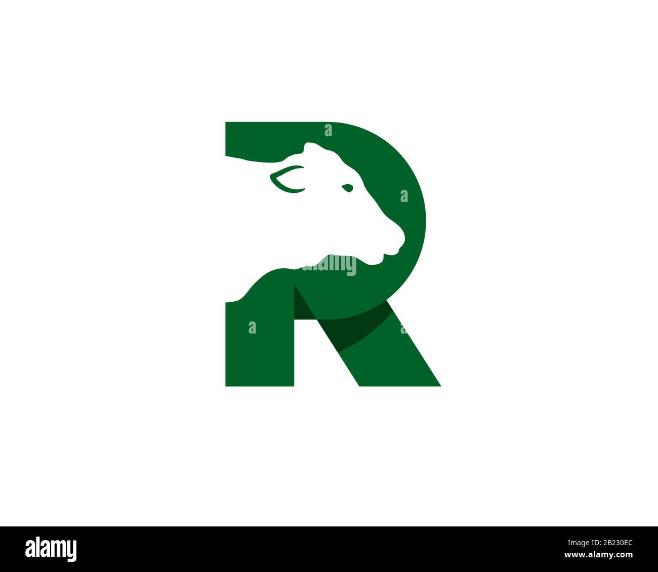 monogram anagram lettermark logo of letter R with negative space cow head inside Stock Vector